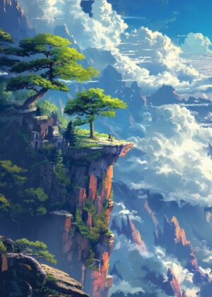 Anime Hilltop Landscape: A Breathtaking View - Premium Wooden Framed Poster. Ready to Hang.