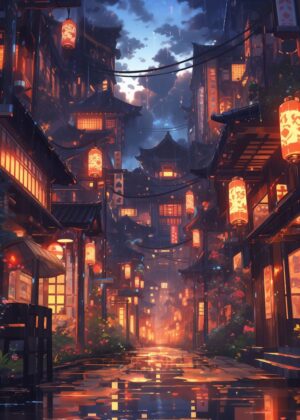 Rainy Night in the Lunar Year: Anime Cityscape - Premium Wooden Framed Poster. Ready to Hang.