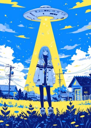 Ethereal Encounter: Anime Girl and UFO Artwork - Premium Wooden Framed Poster. Ready to Hang.