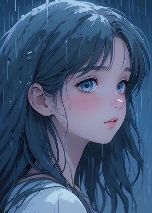 Diamond in the Rough: Anime Girl in the Rain - Premium Wooden Framed Poster. Ready to Hang.