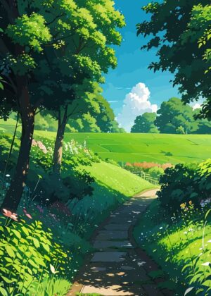 The Pathway: A Serene Stroll Through Lush Greens - Premium Wooden Framed Poster. Ready to Hang.