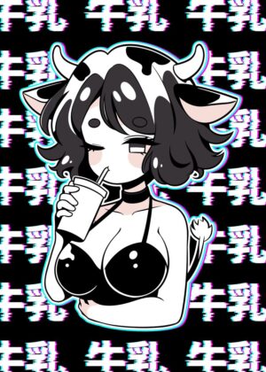 Kawaii Cow Girl Art Print - Premium Wooden Framed Poster. Ready to Hang.
