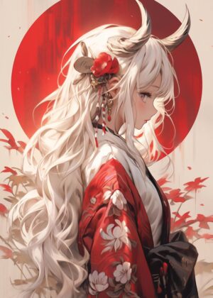 Elegant Anime Girl with Horns in Red Kimono - Premium Wooden Framed Poster. Ready to Hang.