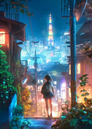 Anime Girl in a Neon Cityscape - Premium Wooden Framed Poster. Ready to Hang.