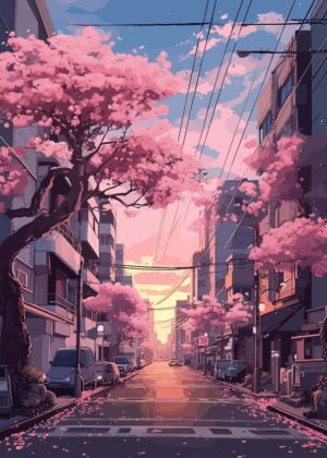 Japanese Street Sakura: A Tranquil Evening Scene - Premium Wooden Framed Poster. Ready to Hang.