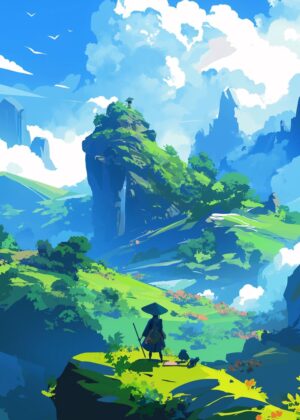 Anime Wonderful Nature: Serene Mountain Escape - Premium Wooden Framed Poster. Ready to Hang.