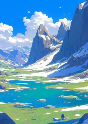 Anime-Style Mountain Lake Landscape Art Print - Premium Wooden Framed Poster. Ready to Hang.