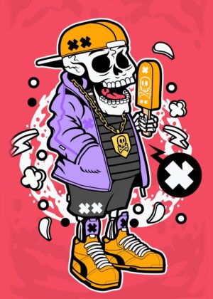 Cool Skull Graphics: Streetwear Inspired Artwork - Premium Wooden Framed Poster. Ready to Hang.