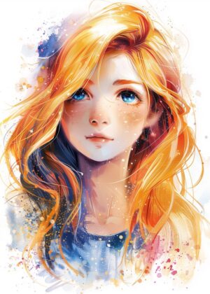 Golden-Haired Anime Girl: A Watercolor Dream - Premium Wooden Framed Poster. Ready to Hang.