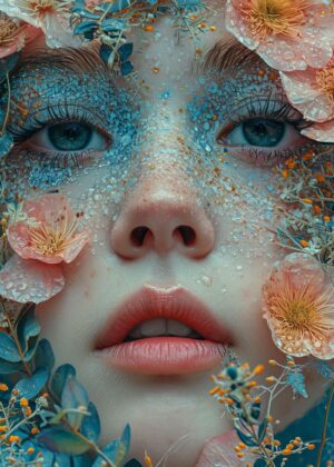 Floral Fantasy: A Girl Adorned with Blossoms - Premium Wooden Framed Poster. Ready to Hang.