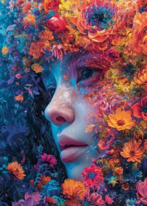 Vibrant Floral Portrait: A Girl in Bloom - Premium Wooden Framed Poster. Ready to Hang.