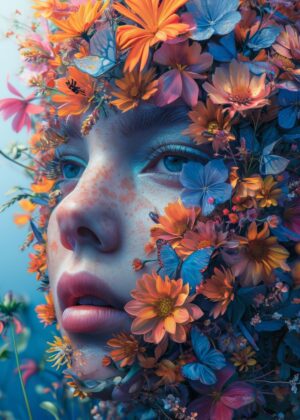 Floral Fantasy: A Girl Transformed by Nature's Beauty - Premium Wooden Framed Poster. Ready to Hang.