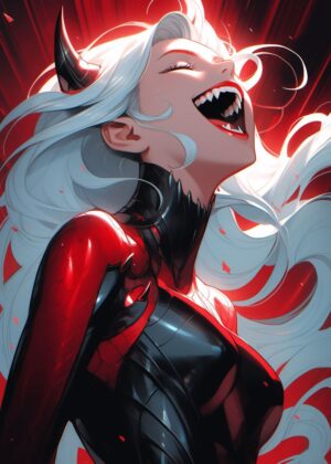 Insane Anime Girl: Fiery Red and White Digital Art Print - Premium Wooden Framed Poster. Ready to Hang.