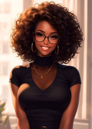 Radiant Beauty: A Digital Art Print of a Young Black Woman - Premium Wooden Framed Poster. Ready to Hang.