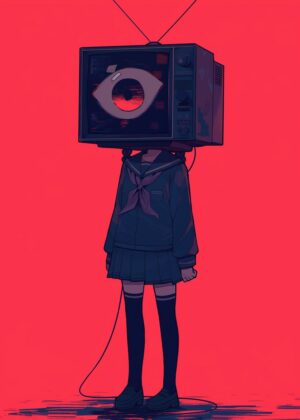 Abnormal TV Head: Surreal Anime Girl Art Print - Premium Wooden Framed Poster. Ready to Hang.
