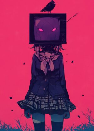 Abnormal TV Head: A Cyberpunk Anime Girl Art Print - Premium Wooden Framed Poster. Ready to Hang.