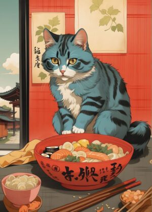 Japanese Cat Ramen Art Print - Premium Wooden Framed Poster. Ready to Hang.