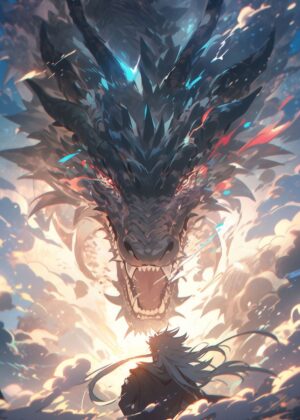 Confronting the Colossus: A Breathtaking Dragon Artwork - Premium Wooden Framed Poster. Ready to Hang.