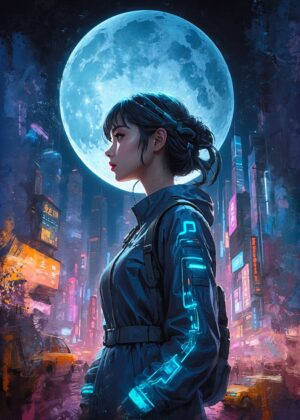 Cyberpunk Cityscape Under a Blue Moon - Premium Wooden Framed Poster. Ready to Hang.