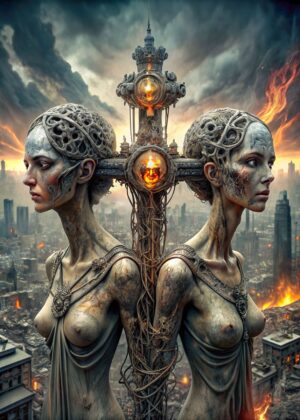 A New Beginning: Dual Goddesses Amidst the Ruins - Premium Wooden Framed Poster. Ready to Hang.