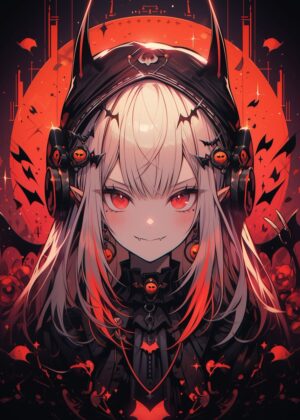 Adorable Halloween Anime Girl Art Print - Premium Wooden Framed Poster. Ready to Hang.