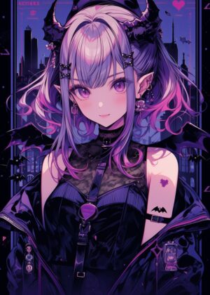 Cute Halloween Anime Girl Artwork - Premium Wooden Framed Poster. Ready to Hang.