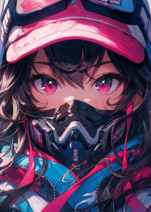 Cyberpunk Anime Girl: Cute and Edgy Digital Art Print - Premium Wooden Framed Poster. Ready to Hang.