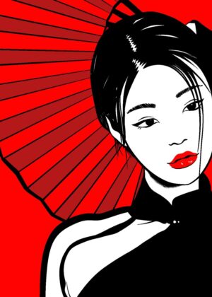 Fashion Fan Girl: A Bold Red and Black Artwork - Premium Wooden Framed Poster. Ready to Hang.