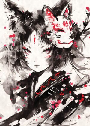Kitsune Spirit: Mystical Anime Ink Art - Premium Wooden Framed Poster. Ready to Hang.