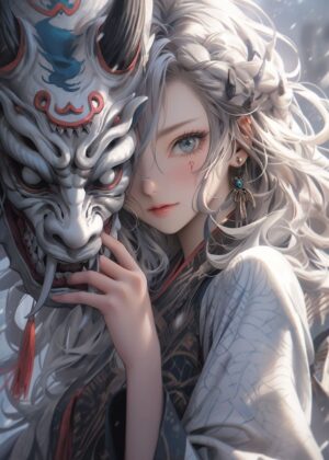 Dragon Samurai Girl: Anime Art Print - Premium Wooden Framed Poster. Ready to Hang.