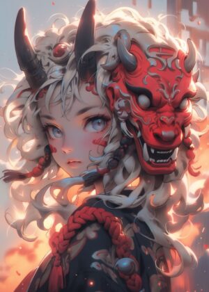 Cute Oni Girl: Anime Art Print - Premium Wooden Framed Poster. Ready to Hang.