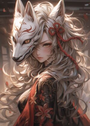 Elegant Kitsune Samurai Girl Art Print - Premium Wooden Framed Poster. Ready to Hang.