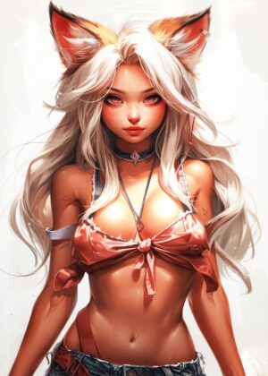 Kawaii Anime Fox Girl Art Print - Premium Wooden Framed Poster. Ready to Hang.