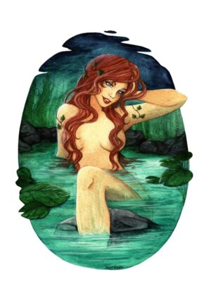 Siren in the Pond: A Mystical Watercolor Artwork - Premium Wooden Framed Poster. Ready to Hang.