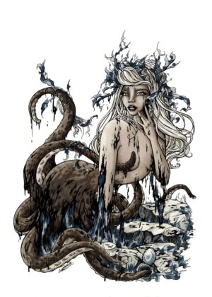 Ocean's Sorrow: A Mermaid's Lament - Premium Wooden Framed Poster. Ready to Hang.