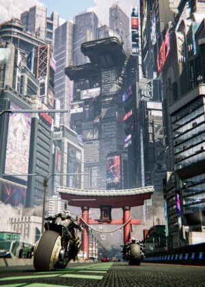 Cyberpunk Cityscape: Beyond Tomorrow - Premium Wooden Framed Poster. Ready to Hang.