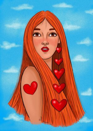 Lady of Hearts: Vibrant Digital Art Print - Premium Wooden Framed Poster. Ready to Hang.