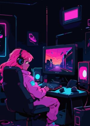 Neon Dreams: Gamer Girl Aesthetic Art Print - Premium Wooden Framed Poster. Ready to Hang.