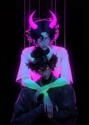 Watashi no: Neon Demon Duo Art Print - Premium Wooden Framed Poster. Ready to Hang.