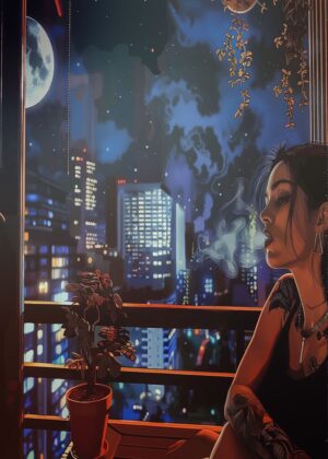 Night City Smoke - Premium Wooden Framed Poster. Ready to Hang.