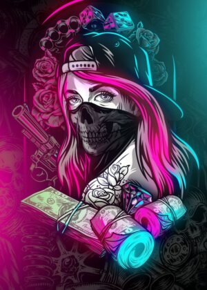 Neon Skull Girl: Edgy Streetwear Art - Premium Wooden Framed Poster. Ready to Hang.