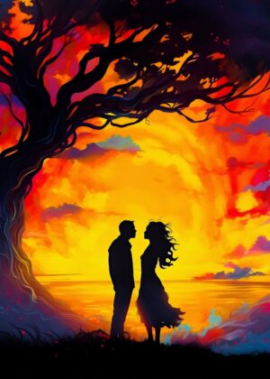 Sunset Romance: A Silhouette of Love - Premium Wooden Framed Poster. Ready to Hang.