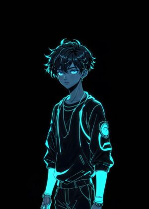 Neon Cyan Anime Boy Art Print - Premium Wooden Framed Poster. Ready to Hang.