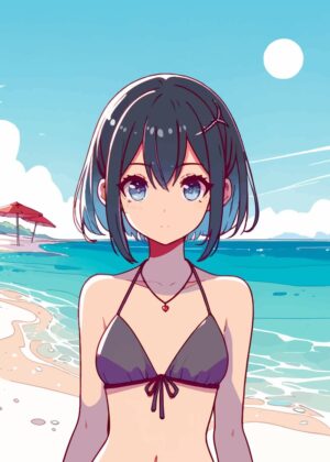 Anime Girl Beach Summer - Premium Wooden Framed Poster. Ready to Hang.