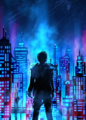 Cyberpunk Cityscape at Night - Premium Wooden Framed Poster. Ready to Hang.
