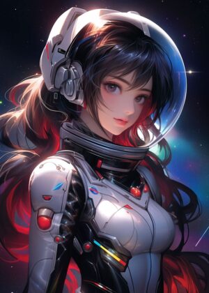 Galactic Astronaut Girl: A Stunning Anime Space Art Print - Premium Wooden Framed Poster. Ready to Hang.