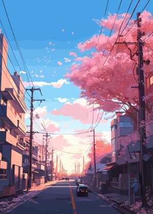 Japanese Street Sakura: A Serene Springtime Scene - Premium Wooden Framed Poster. Ready to Hang.