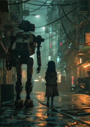 Cyberpunk Cityscape: Android and Child - Premium Wooden Framed Poster. Ready to Hang.
