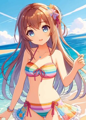 Anime Girl Summer Vacation Beach Scene - Premium Wooden Framed Poster. Ready to Hang.
