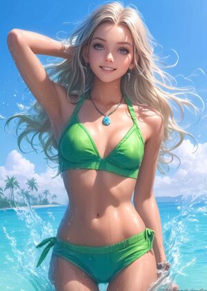 Anime Beach Bliss: Sun-Kissed Serenity - Premium Wooden Framed Poster. Ready to Hang.